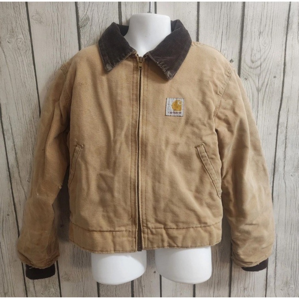 Vtg Carhartt Kid Jacket Tan Duck Canvas Quilted Lined Distressed Sz 10 USA JQ606
